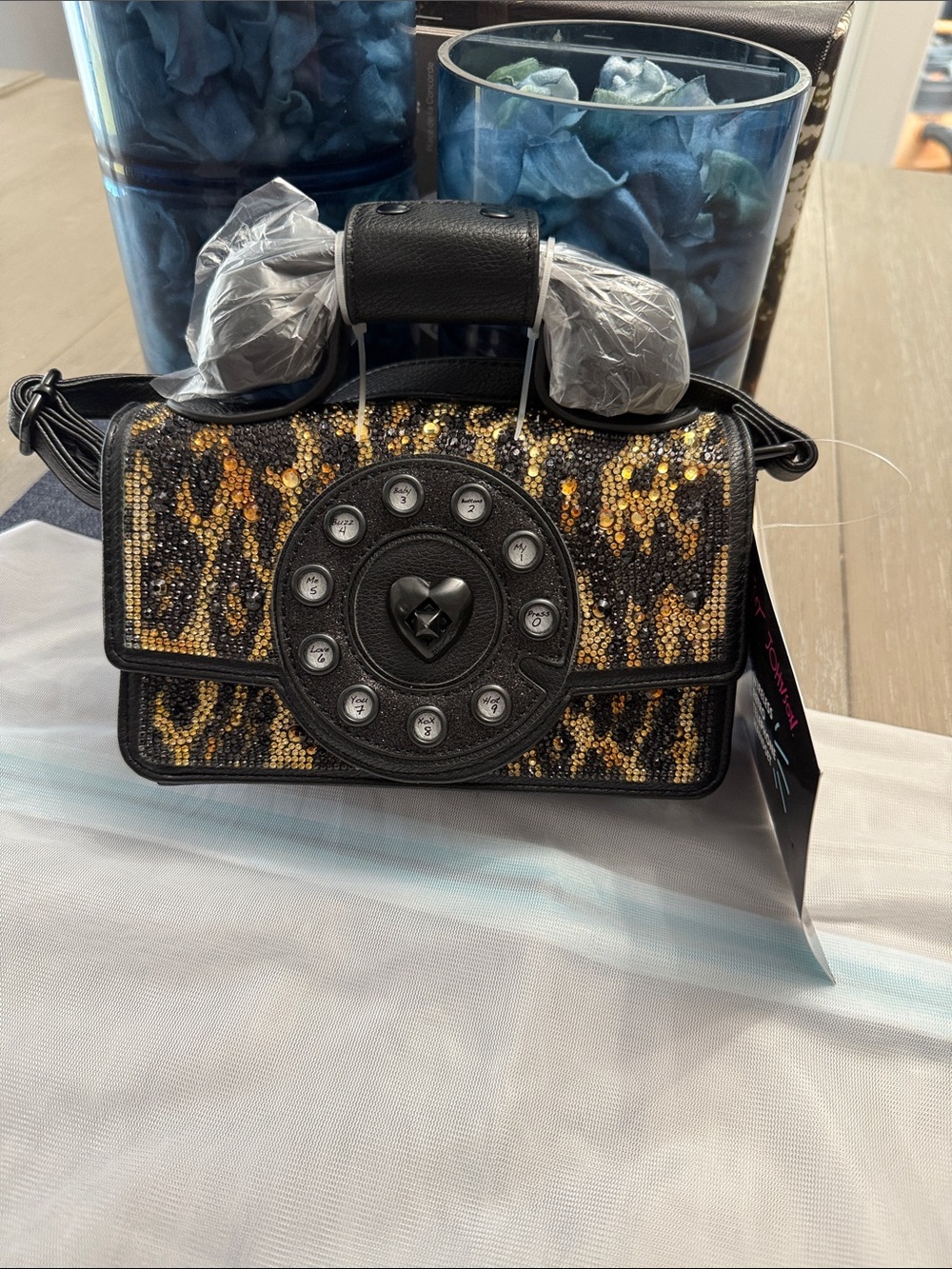 Betsey Johnson Black & Gold Sequin Leopard Crossbody with Phone Dial Accent